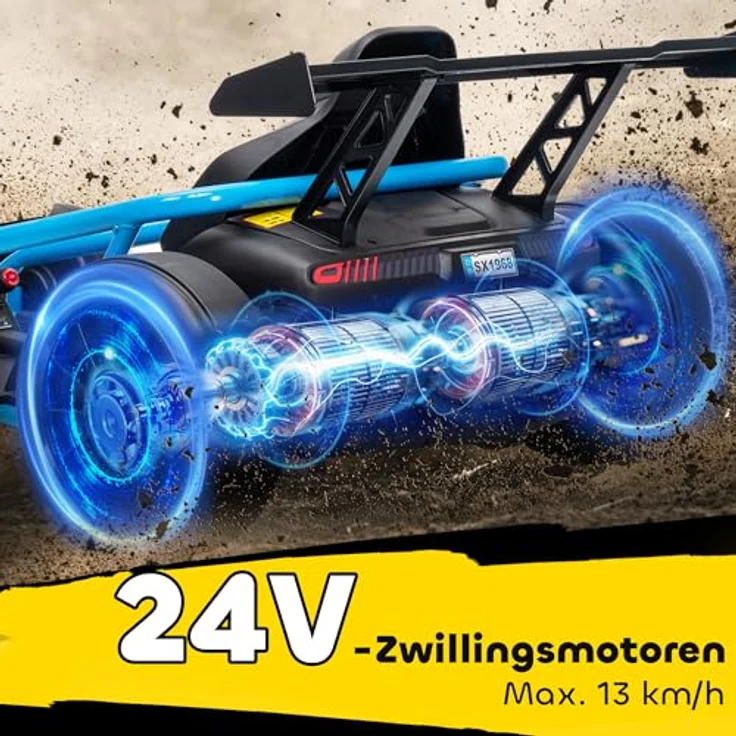 AIYAPLAY Kinder Elektro Gokart, 24V Drift-Kart mit 2 Motoren, verstellbarem Sitz, Softstart, Musik und Hupe, blau für 8-12 Jahre – Bild 4