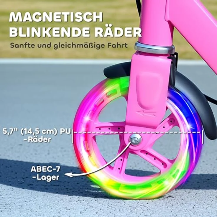 AIYAPLAY Roller Kinder Klappbar Kinderroller mit Verstellbarer Lenkerhöhe, 2 Leuchtenden Räder, Handbremse & Hinterradbremse Tretroller Scooter für 3-8 Jahre Kinder Rosa – Bild 4