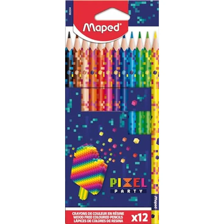 Maped - Ergonomische Drei-Kant-Buntstifte, Farbstifte PIXEL PARTY - x12 Stifte - mit PIXEL-Motiven bedruckt, lebendige Farben, aus Kunstharz, ergonomisch – Bild 1