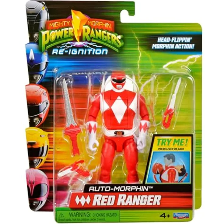 Playmates Mighty Morphin Power Rangers RED Ranger Auto-Morphin Action Figure mit Power-Schwert und Blade-Blaster, verstellbar, rote Figur
