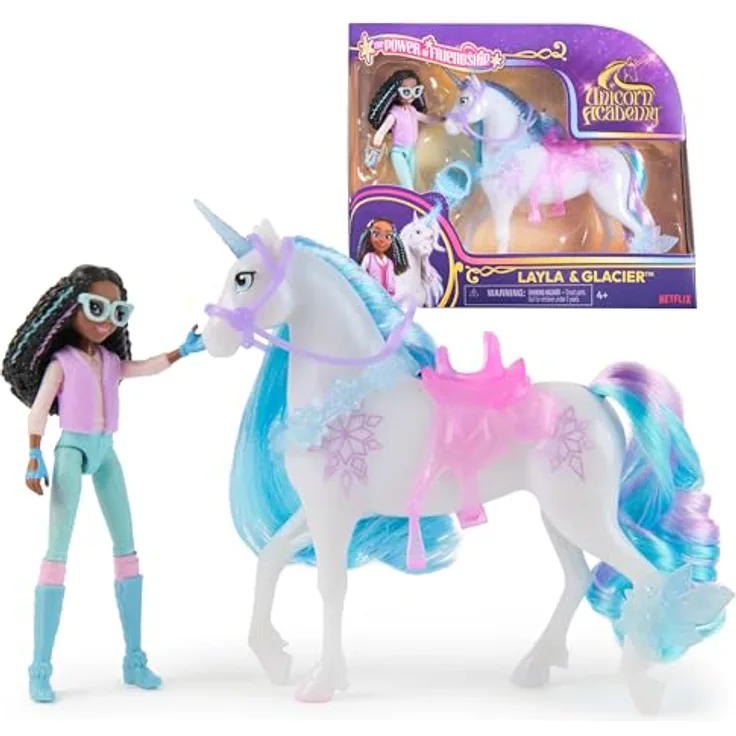 Spin Master Anziehpuppe Unicorn Academy - Layla & Einhorn Glacier, 12 cm große Figuren mit echter Mähne und 7 Gelenkpunkten