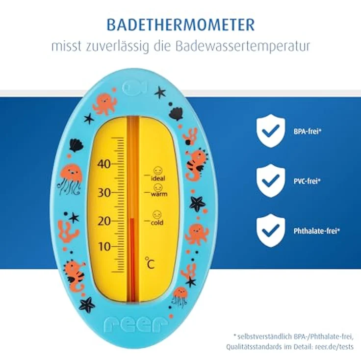 Reer Baby-Badethermometer oval, kindersicheres Bade-Thermometer mit optimaler Badetemperaturanzeige, quecksilberfrei, hoher Messbereich von 0 °C bis 50 °C, übersichtliche Skala, blau – Bild 3