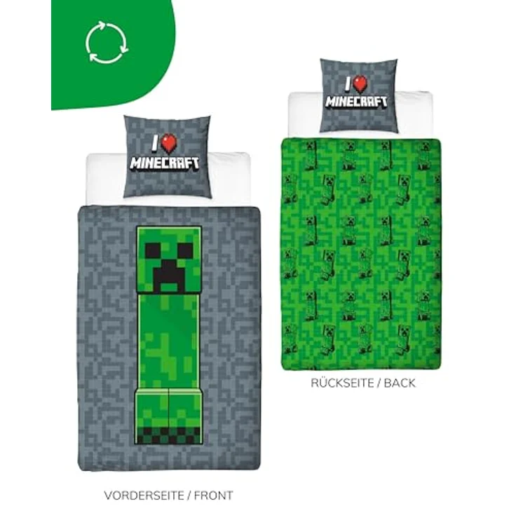 MTOnlinehandel Kinderbettwäsche Minecraft 135x200 + 80x80 cm 100% Baumwolle, Biber, 2 teilig, Wende-Motiv, Gaming, Schriftzug "I love Minecraft" – Bild 6