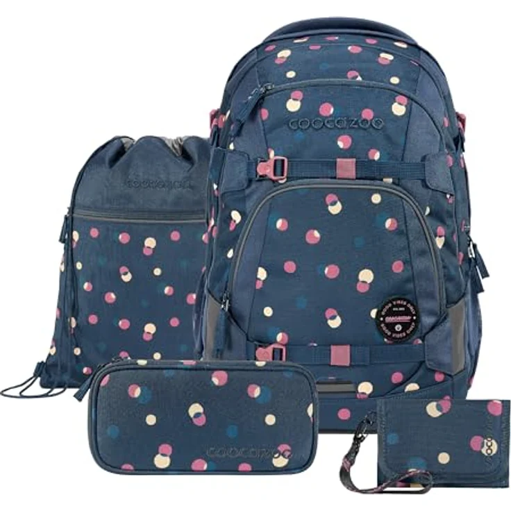 Coocazoo Schulrucksack-Set MATE „Bubble Dreams“, ergonomischer 30L Tornister, höhenverstellbar mit Hüftgurt, inkl. Federmäppchen, Turnbeutel und Geldbörse, blau – Bild 1