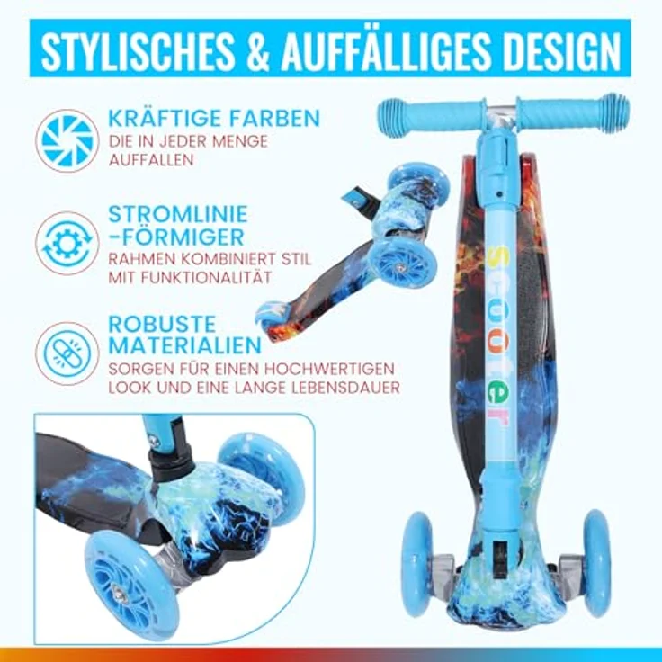 Europebazar Habib Kinderroller Metall-Roller 3-Rad mit verstellbarem Lenker, LED Licht, klappbar, bis 50kg, Blau – Bild 7