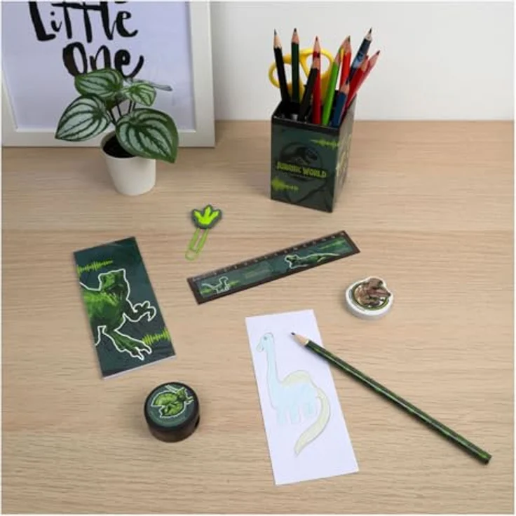 Jurassic World Gefüllter Stifthalter Set, 7-teilig mit Dinosaurier-Motiven, inklusive Stifte und Radiergummi – Bild 3