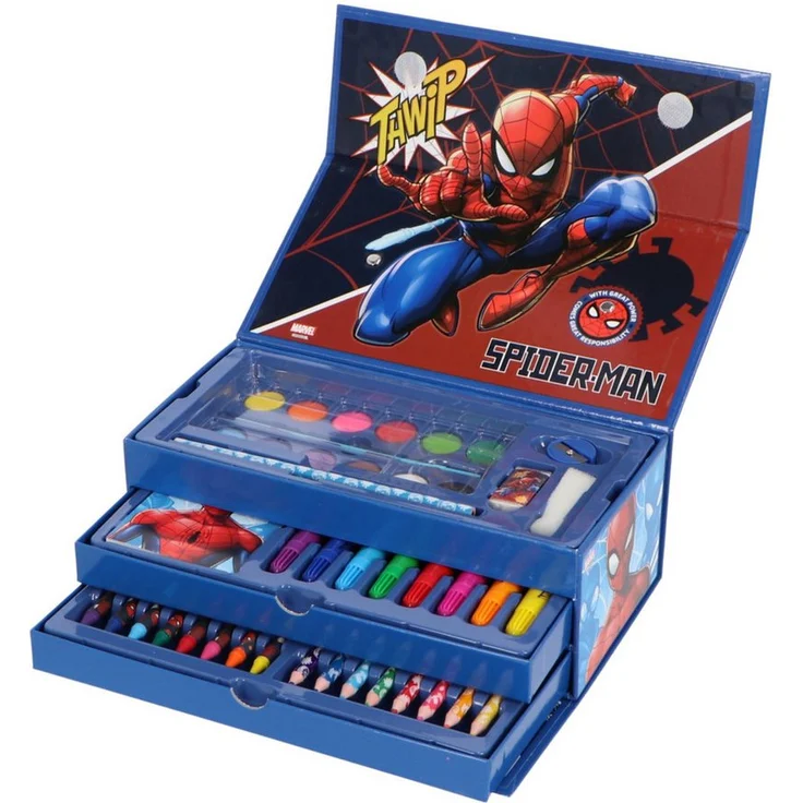 Textiel Trade B.V. Marvel Spiderman Malkasten mit Schublade, Malset für Kinder ab 3 Jahren, kreativ und transportabel