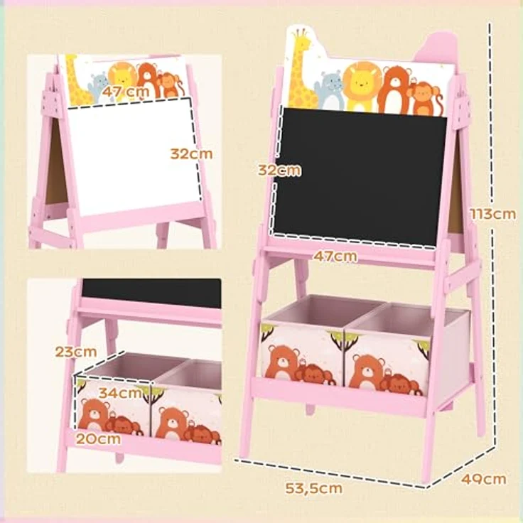 AIYAPLAY Kinder Staffelei 2-in-1, doppelseitige Tafel mit Kreidetafel und Whiteboard, inkl. 2 Aufbewahrungsboxen, rosa, für Kinder 3-8 Jahre – Bild 7