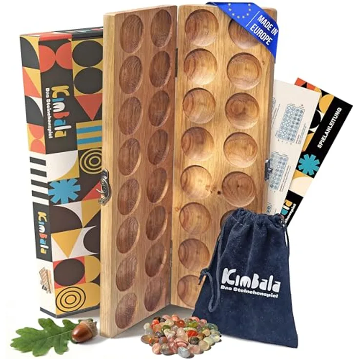 Spielario Kimbala Steinchenspiel Kalaha Mancala, Eichenholz, für 2 Spieler, inkl. Stoffbeutel und Anleitung