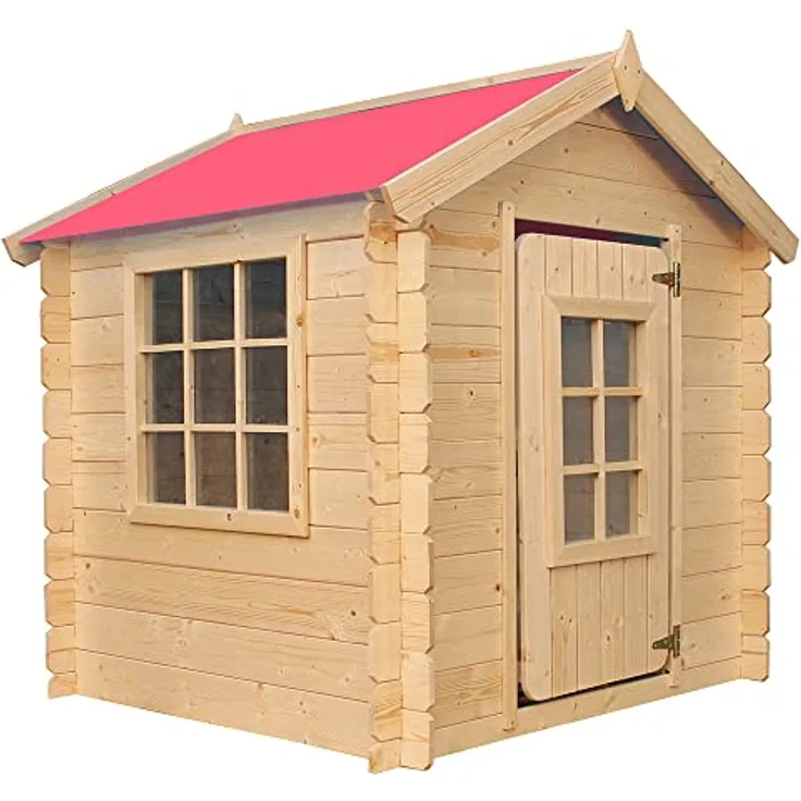 TIMBELA M570R-1 Kinderspielhaus, Holzspielhaus im Freien für Kinder, 111x113xH121 cm, rotes Dach, luftiges Garten-Sommerhaus