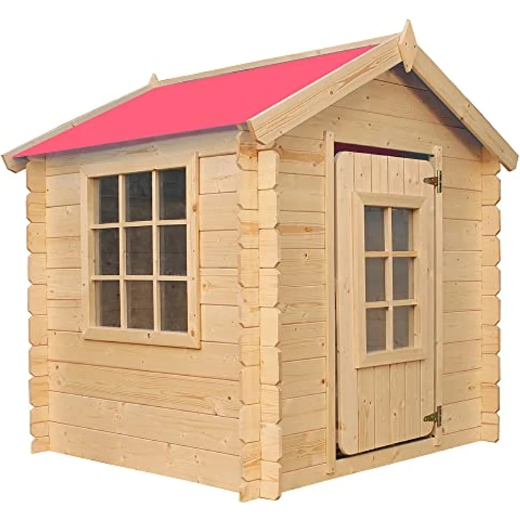 TIMBELA M570R-1 Kinderspielhaus, Holzspielhaus im Freien für Kinder, 111x113xH121 cm, rotes Dach, luftiges Garten-Sommerhaus – Bild 1