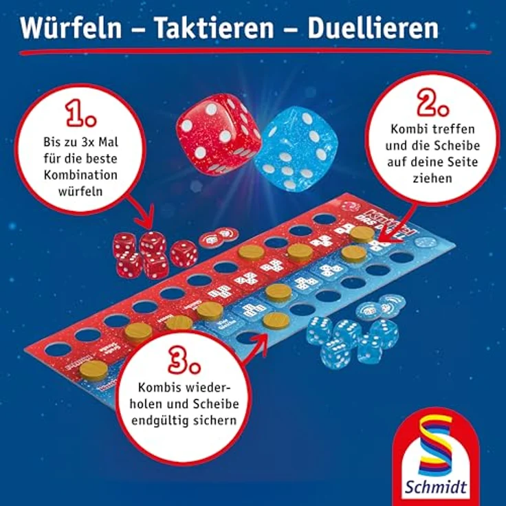 Schmidt Spiele 49480 Kniffel, Das Duell, Würfelspiel für 2 Spieler, Tauziehen-Mechanismus, ab 8 Jahren – Bild 5