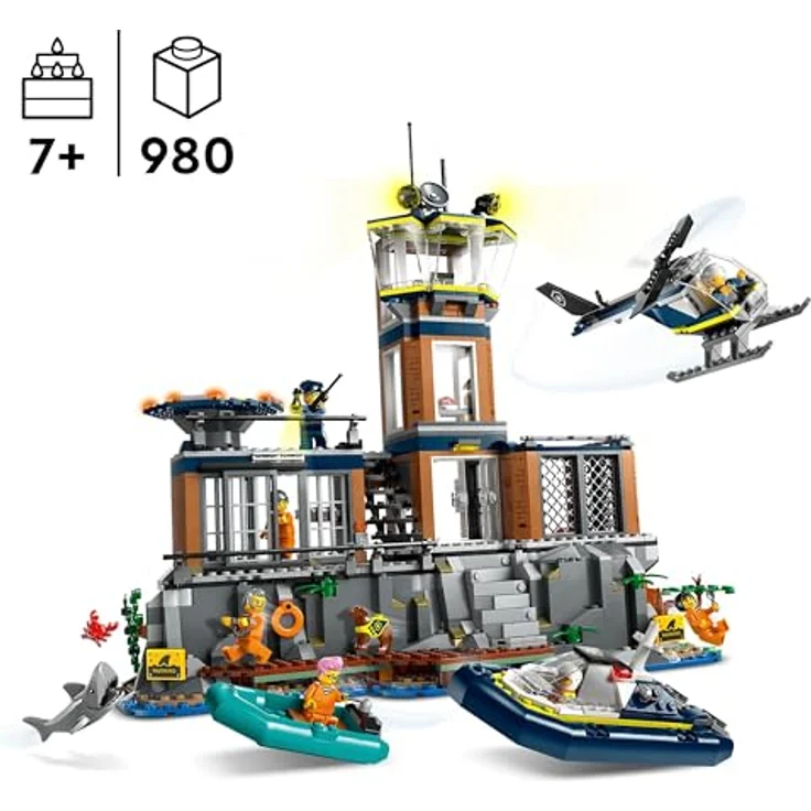 LEGO City Polizeistation auf der Gefängnisinsel, Polizei-Spielzeug mit Hubschrauber, Boot und Hai, Set mit 7 Minifiguren und Hund, Geschenk zum Geburtstag für Jungen und Mädchen ab 7 Jahren 60419 – Bild 2