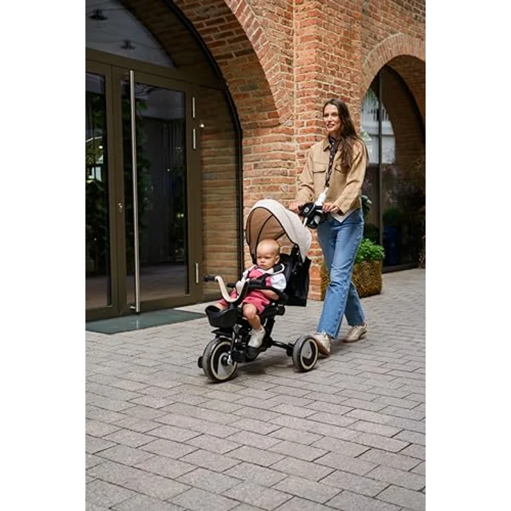 MoMi IVI 3-in-1 Kinderdreirad, beige, mit 360° drehbarem Sitz, Schiebestange & Sonnendach, 3-Punkt-Gurt, PU-Räder – Bild 14