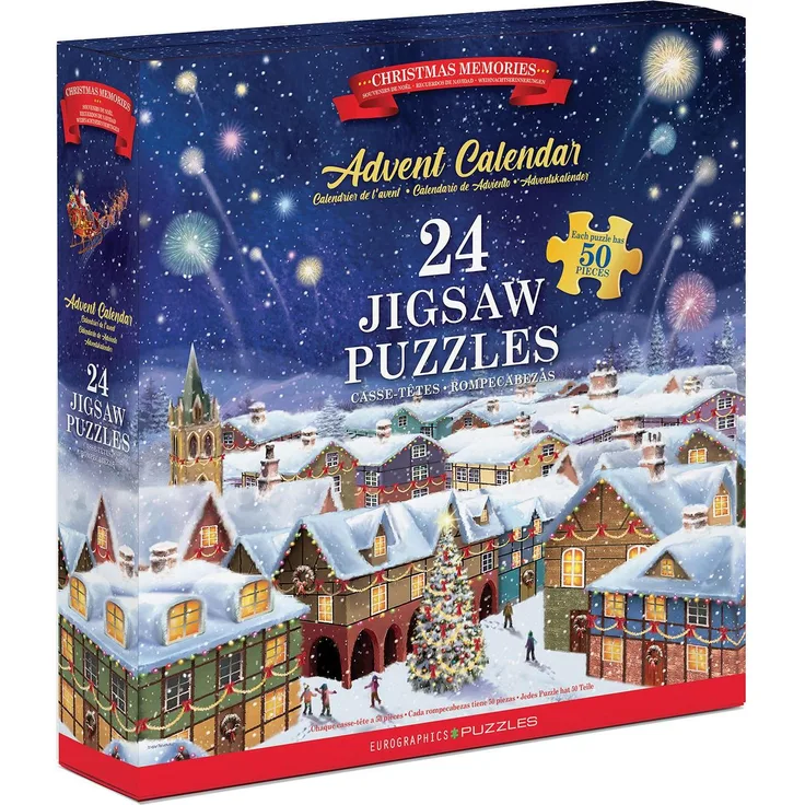 Eurographics Puzzle Adventkalender - Christmas Memories, 50-teiliges Puzzle aus solidem blauen Karton, 12,5 x 12,5 cm