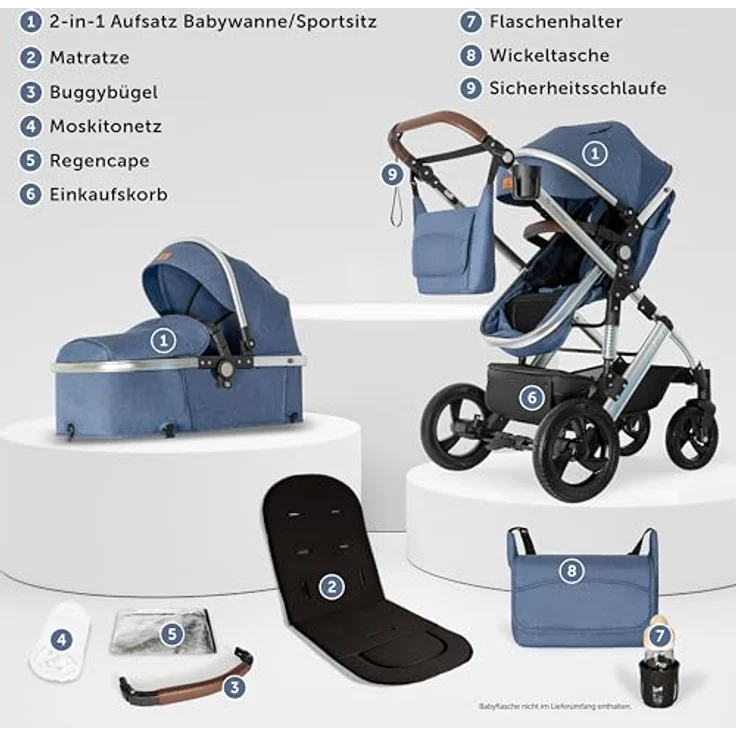 Bergsteiger Nizza 3 in 1 Kinderwagen, Kombikinderwagen Komplettset, Babywanne & Buggy Sportsitz inklusive, Auto-Babyschale & Isofix Station optional – Bild 3