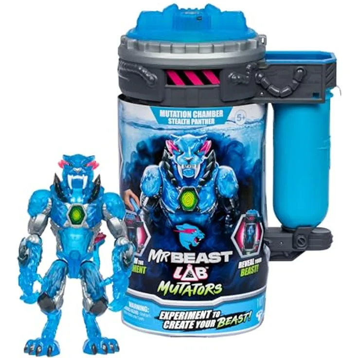 Moose Toys MrBeast Lab Mutators Stealth Panther, Actionfigur mit 20 beweglichen Gelenken, 13 cm, blaue Farbe mit durchscheinendem Finish