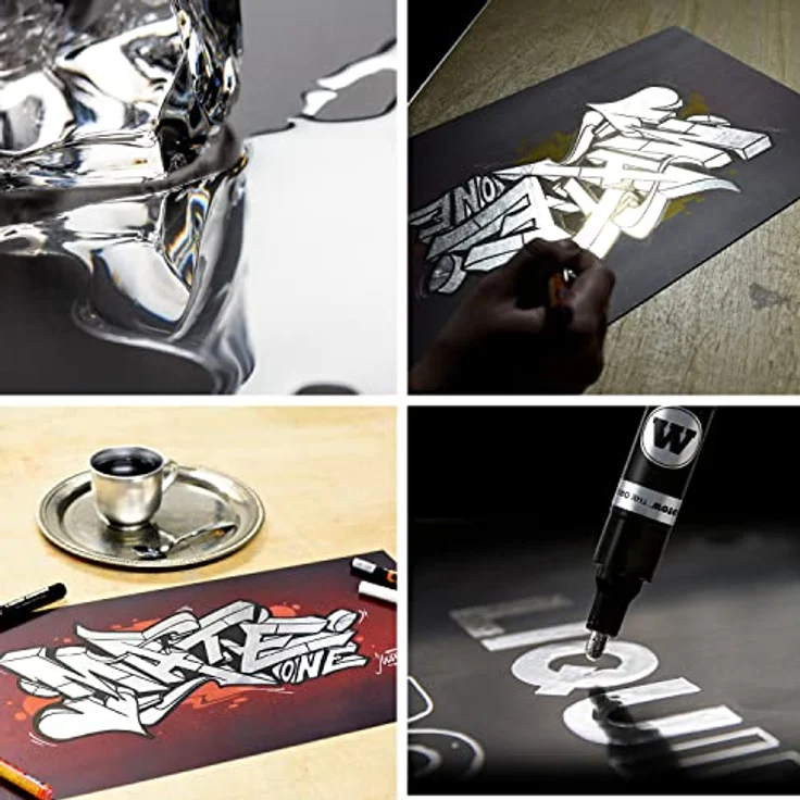 Molotow Liquid Chrome Marker Calligraphy Set 1 (Rundspitze 1,0mm und Kalligrafiespitze 3,0mm, Spezialtinte mit echtem Spiegeleffekt) chrom – Bild 2