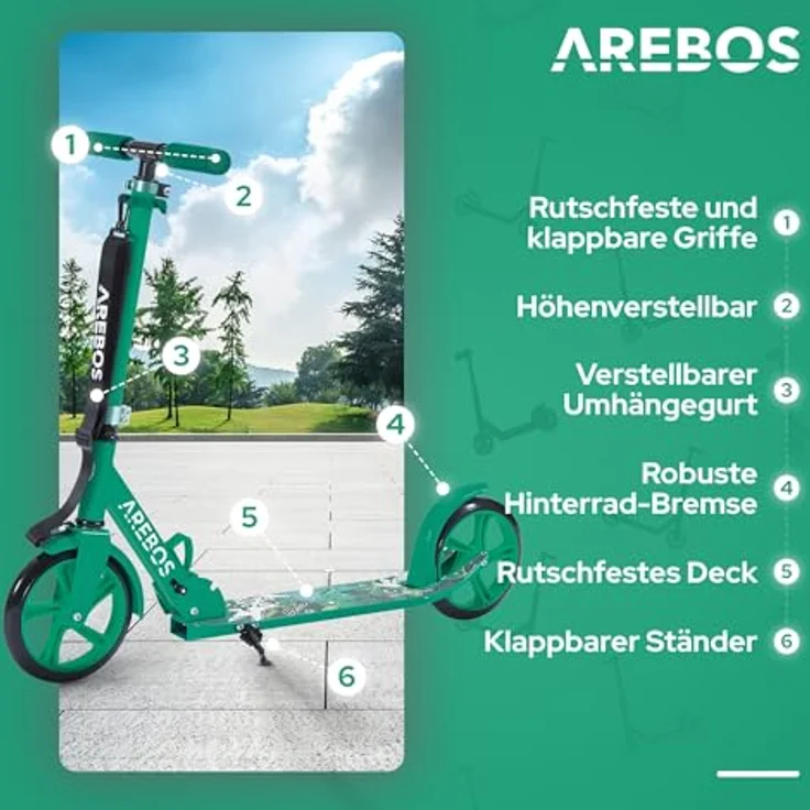 Arebos Tretroller klappbar, höhenverstellbar 78–93 cm, max. 100 kg, grün, geeignet für Kinder ab 6 Jahren, ideal für Schule und Freizeit – Bild 2