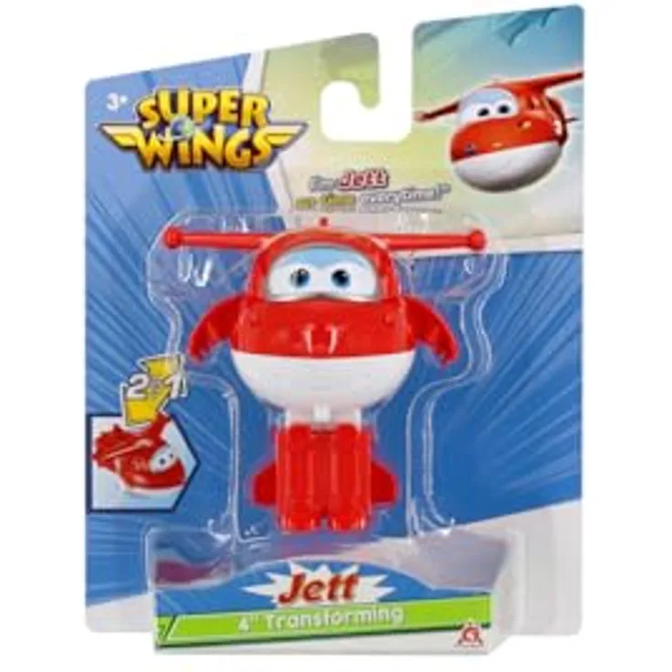 Super Wings Transformations-Flugzeug Jett, verwandelbares Spielzeug-Flugzeug und Roboterfigur in Weiß-Rot, ca. 12 cm groß aus stabilem Kunststoff