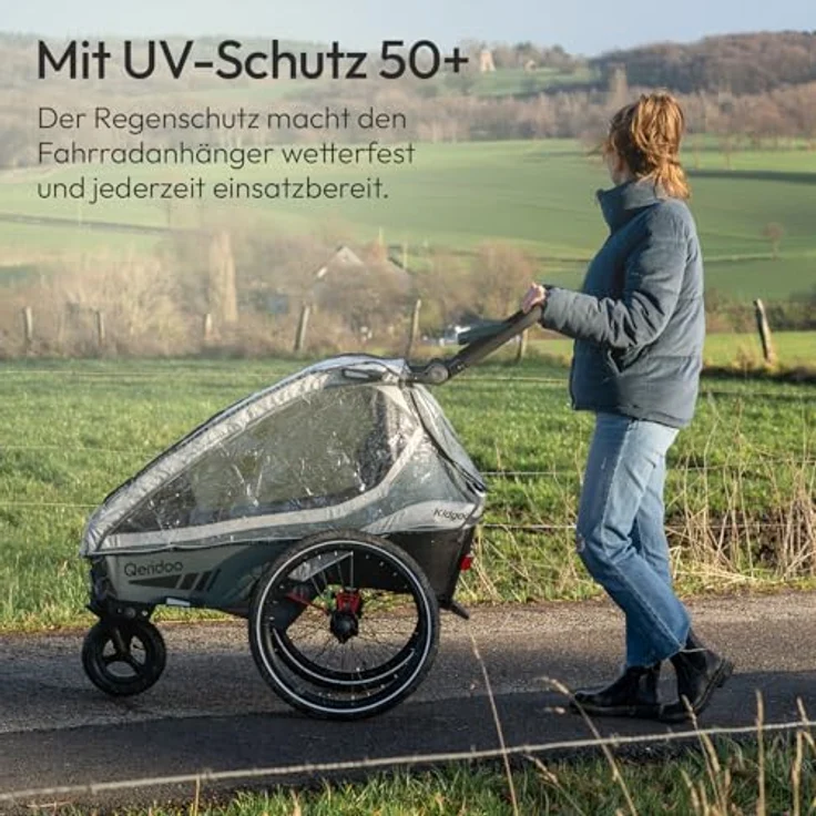 Qeridoo Kinderwagen-Regenschutzhülle Kidgoo 1, Regenschutz Regenverdeck für Qeridoo Fahrradanhänger Kidgoo 1, transparente Folie mit Belüftungslöchern, Polyethylen, passend für Qeridoo Kidgoo 1 – Bild 8