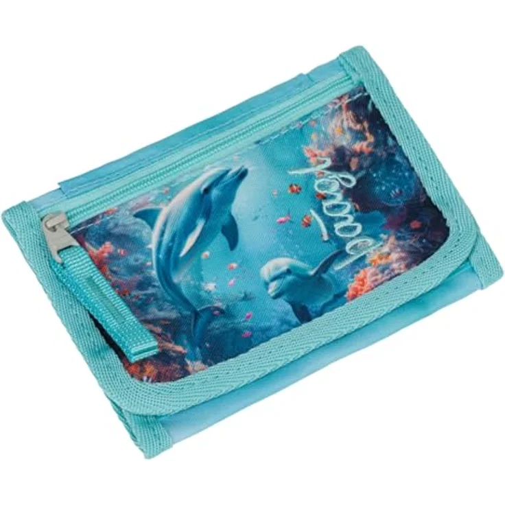 Baagl Brustbeutel Kinder - Geldbörse für Jungen und Mädchen, Mini Portemonnaie mit Münzfach, Delfin Design, 14,5 x 8,5 cm, strapazierfähiges Polyester – Bild 1