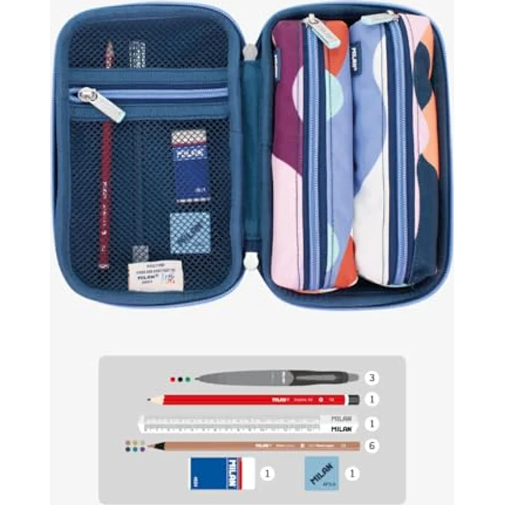 MILAN® Set halbstarr, 2 Federmäppchen Serie The Fun, Mehrfarbig mit 9 Schreibutensilien und Netzinnentasche – Bild 3