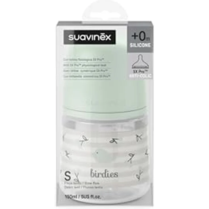 Suavinex Babyflasche 150 ml mit SX Pro Silikon-Sauger, Antikolik mit langsamem Fluss (S), Design Birdies Grün, ideal für Neugeborene ab 0 Monaten – Bild 5