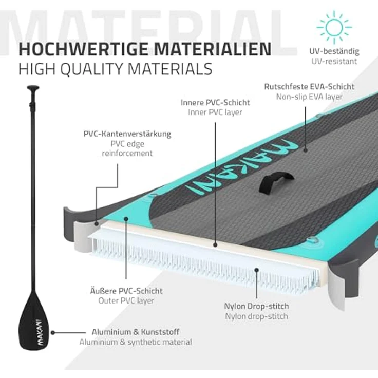 ECD Germany Aufblasbares Stand Up Paddle Board Makani | 320 x 80 x 15 cm | Türkis | PVC | bis 120 kg | Komplettes Zubehör inkl. Paddel und Handpumpe – Bild 5