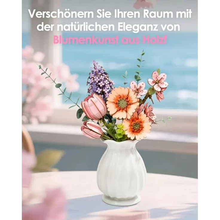 ROBOTIME 3D Holz Blumen Puzzle Sakura, DIY Bastelset für Erwachsene mit verstellbarem Stiel, künstliche ewige Blüten für Valentinstag, Muttertag und Weihnachten – Bild 4