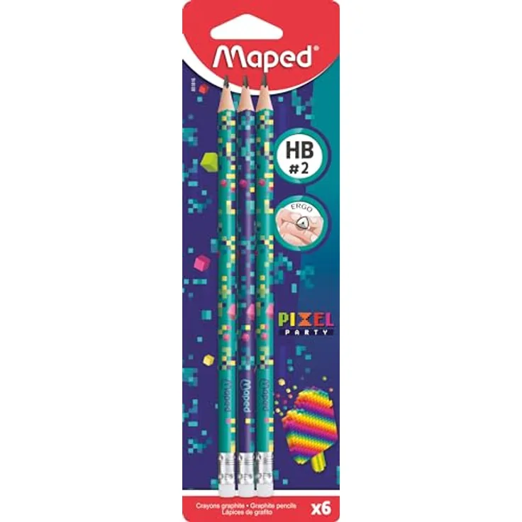 Maped - 6x ergonomische Drei-Kant-Bleistifte PIXEL PARTY mit Radierer - HB mittel in Retrofuturistischem Dekor