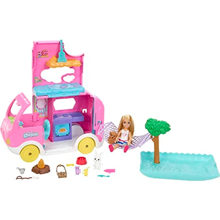 BARBIE Chelsea 2-in-1-Camper - Spielzeugfahrzeug mit Pool, Hängematte und Essbereich, für fantasievolles Spielen und Geschichtenerzählen, ab 3 Jahren, HNH90 – Bild 1