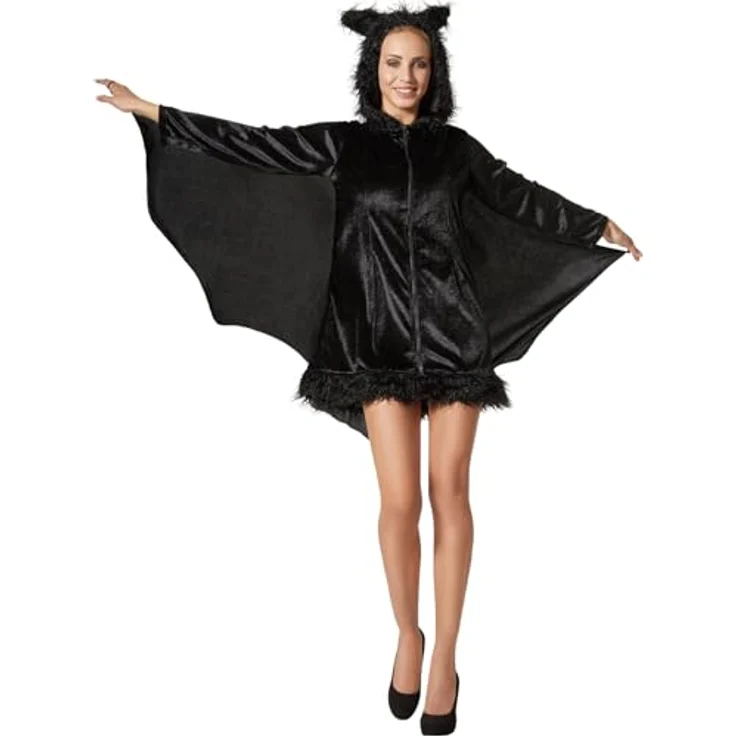 dressforfun Fledermaus Kostüm Damen und Herren, Tierkostüm für Erwachsene, Halloween Karnevalskostüm, schwarzes Kleid mit Fledermausflügeln - M – Bild 1