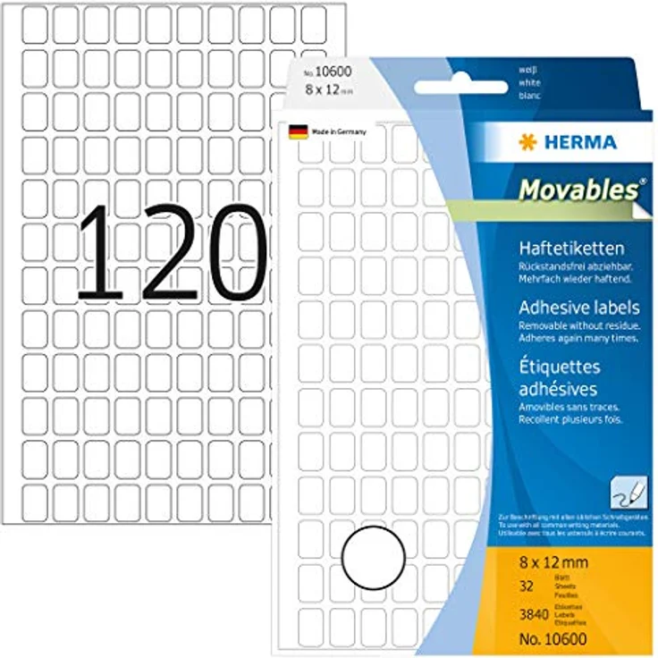 HERMA 10600 Etiketten ablösbar, 32 Blatt, 8 x 12 mm, 120 pro Bogen, 3840 Aufkleber, selbstklebend, Vielzweck Klebeetiketten zum Beschriften, Universal Haftetiketten aus Papier, blanko – Bild 1