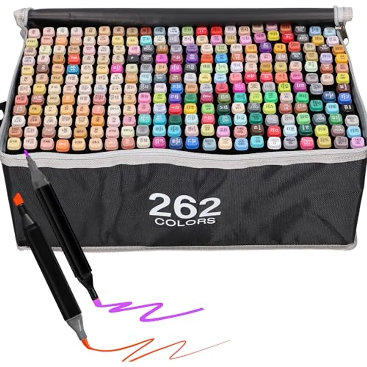 EXTRALINK Alkoholmarker Filzstifte Set 262 Stück, Doppelseitige Spitze, Schnell trocknend, Lebendige Farben, Inkl. Tragetasche für Zeichnung und Manga