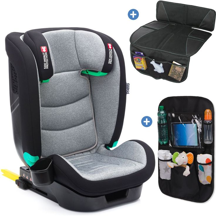 Fillikid Elli Pro i-Size Kindersitz für 3- bis 12-Jährige (100-150 cm) mit Isofix, Getränkehalter, Autositztasche & Polsterschutz - Grau