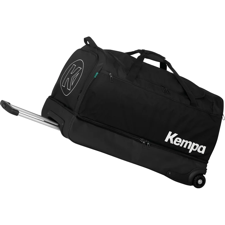 Kempa Sporttasche Trolley XL, U-förmige Öffnung, große Seitentasche, geräuschreduzierende Rollen, blau