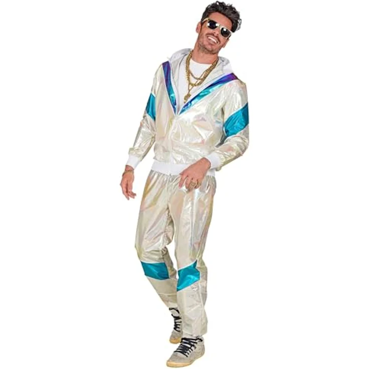 W WIDMANN MILANO Party Fashion Kostüm Trainingsanzug, Retro-Style 80er Jahre Jogginganzug in holografischem Weiß, Größe L für Karneval & Party – Bild 2