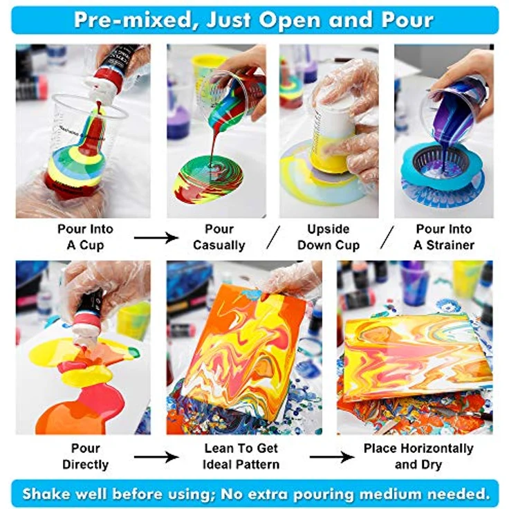 Shuttle Art Pouring Acrylfarben Set, 36 Flaschen (je 60 ml) mit Silikonöl, 4 Leinwänden, Messbechern und Zubehör, vorgemischte Farben für Stein, Holz, Papier – Bild 5