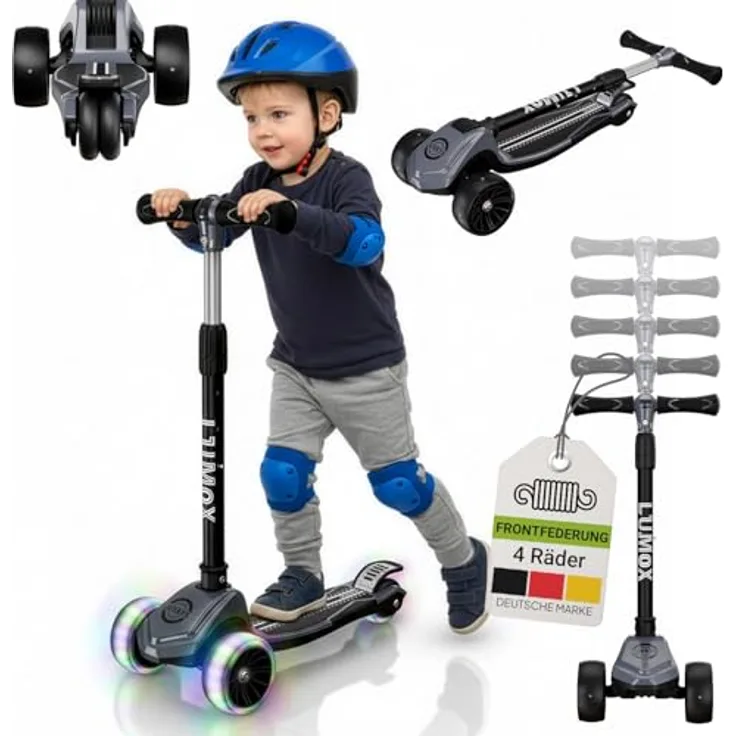 JUSKYS Kinderroller Lumox Schwarz, höhenverstellbarer Dreiradscooter mit LED-Rollen, 4-Farb-Blinkeinstellung, klappbar & Hinterradbremse