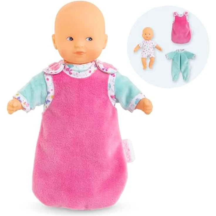 Corolle Mon Premier Poupon Mini Calin Gute Nacht Set, Weichkörperpuppe 20cm mit weißen Strampler, extra türkisem Pyjama, pinkem Schlafsack und Vanilleduft, ab 18 Monaten – Bild 4