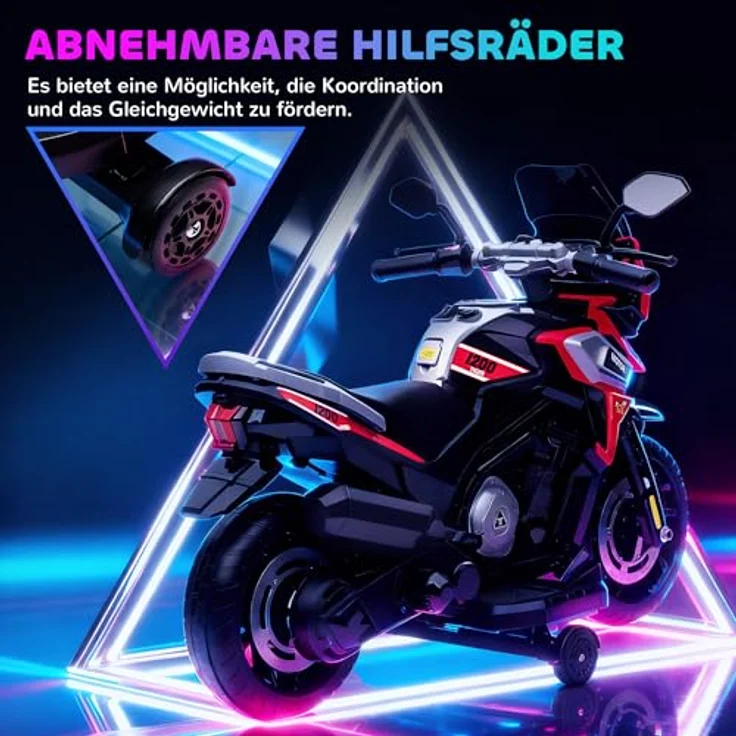 AIYAPLAY Elektro Motorrad Kinder 6V, Elektromotorrad mit 2 Hilfsrädern, Beleuchtung, Musik und Soft-Start, bis zu 2,4 km/h, Rot, für Kinder von 1,5-3 Jahren – Bild 4