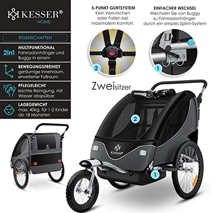 KESSER® Cruiser Kinderanhänger Fahrradanhänger 360° Drehbar mit Federung 2in1 Joggerfunktion Kinderfahrradanhänger + 5-Punkt Gurt Jogger Fahrrad Anhänger für 1 bis 2 Kinder max. 40kg Schwarz / Anthrazit – Bild 3