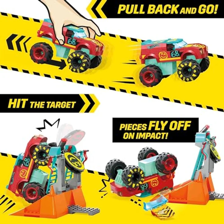 Mega Mega Monster Trucks Demo Derby Extreme-Stunt Set, inklusive zusammenbaubarem Monster Truck, Rampe, Hindernis und Mikro-Actionfigur – Bild 4