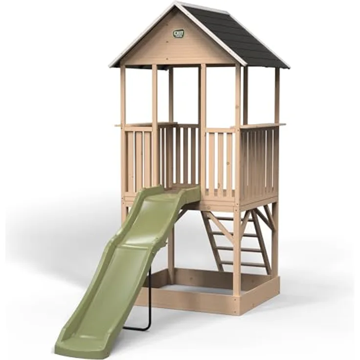 EXIT TOYS Panorama 500 Holzspielhaus mit Rutsche und Sandkasten, FSC-zertifiziertes Zypressenholz, offen gestaltetes Design, 100% reparierbar & recycelbar