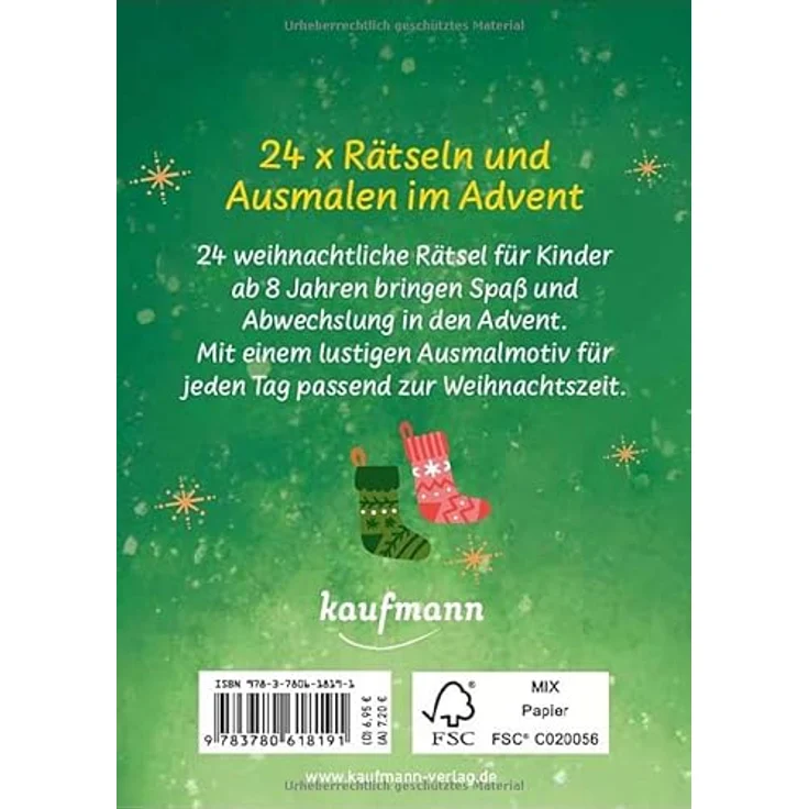 Kaufmann Rätseladventskalender for Kids 2, 24 knifflige Rätsel und Ausmalbilder für Kinder ab 8 Jahren, handlich und schön gestaltet – Bild 2