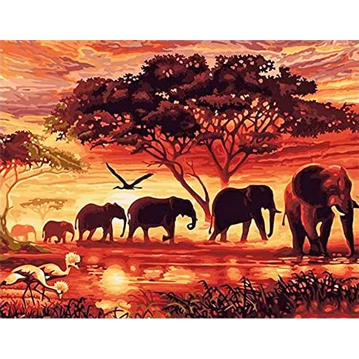 Diamond Painting Set, Bild mit Motiv Elefanten in der Savanne und Zubehör, Größe ca. 44 x 33 cm, Bastelset zum Malen mit Glitzersteinchen für Kinder ab 5 Jahren
