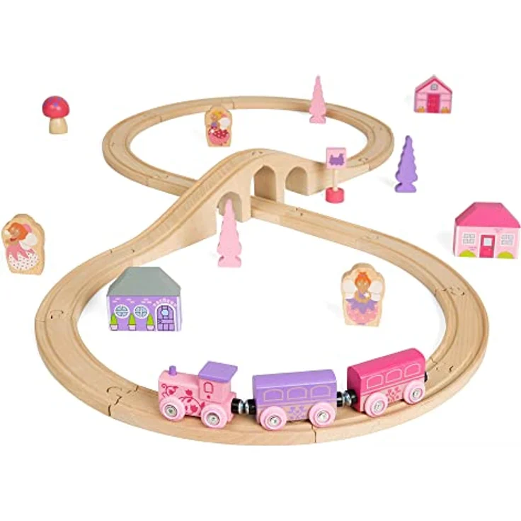 Bigjigs Rail Holzeisenbahn Set Märchen 8, 35 Teile mit Feenfiguren und farbigen Wagen, rosa – Bild 1