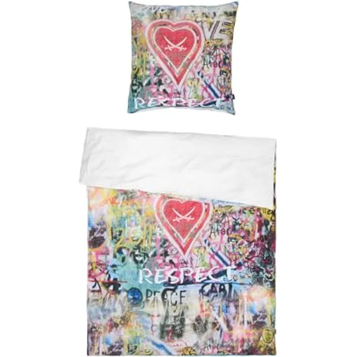 Sansibar Bettwäsche Respect, 135 x 200 cm, 2tlg. aus 100% Baumwolle, urbaner Graffiti-Look, Wendefunktion, hautfreundlich, waschbar bei 60 °C – Bild 1