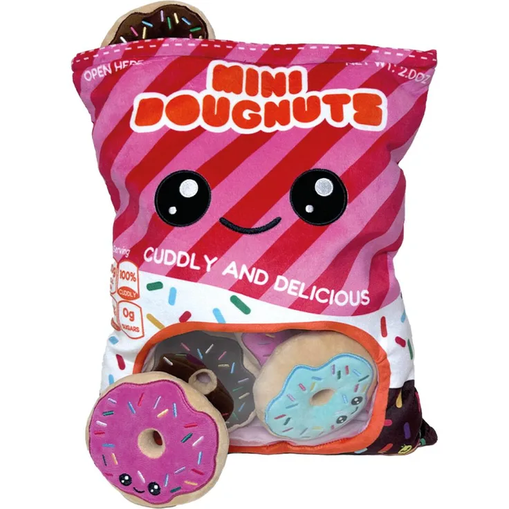 JollyPlush Großes Plüschkissen in Tütenform mit integrierten mini Donuts Plüschfiguren, ca. 50 cm